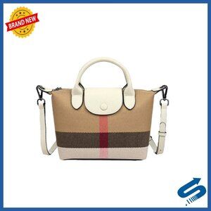Leather Trim Canvas Shoulder Bag with Crossbody Strap and Top Handles